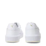 Championes Puma modelo Carina Mia Topcat, de diseño urbano con plataforma. Presentan un cuerpo de color blanco con detalles en animal print en el lateral y logo de la marca en dorado.