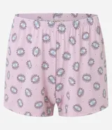 Conjunto de pijama de microfibra color rosa con estampado de ojos turcos. Incluye un top de breteles finos ajustables con volado en el bajo y un short con cintura elástica.