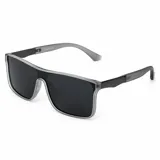 Lentes de sol polarizados con armazón gris translúcido y negro, diseño envolvente y cristales oscuros.