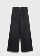 Pantalón de jean estilo wideleg, de tiro alto, con cierre de cremallera y botón, trabillas para cinturón y diseño de cinco bolsillos.