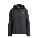 Campera deportiva Adidas Run It para mujer, color negro, con capucha y cierre frontal completo. Presenta logo de la marca en el pecho y detalles reflectantes en las mangas.