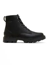 Bota de caña media Sorel, confeccionada en cuero negro con costuras selladas impermeables. Presenta cierre con cordones, ojales metálicos, suela de caucho EVERTREAD™ con diseño dentado y logo de la marca grabado en el lateral.