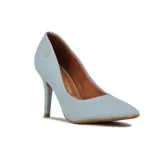 Zapato de tacón alto Vizzano, color blanco, con punta fina y detalle de aplique dorado en el lateral.