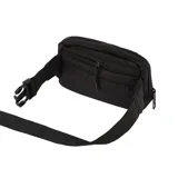 Riñonera unisex de tela acolchada color verde militar, con compartimento principal y bolsillo frontal con cierre, y correa ajustable negra.