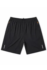 Short deportivo negro con cintura elástica con cordón ajustable, bolsillos laterales con cierres y detalles reflectantes en el frente.