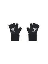 Guantes de entrenamiento sin dedos Project Rock, color negro, con palma de cuero y muñequera elástica ajustable. Presentan el logo de la colección estampado en blanco en el dorso.