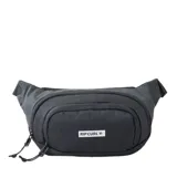 Riñonera Rip Curl modelo Waist Bag Icons, color negro, con cierre de cremallera y bolsillo frontal. Incluye el logo de la marca en un parche blanco en el frente.