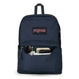 Mochila JanSport Superbreak Plus azul marino con compartimento interno para laptop y bolsillo lateral para botella.