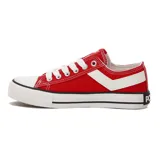 Championes urbanos de lona color rojo con detalles en blanco, suela de goma blanca con líneas negras y puntera redondeada.
