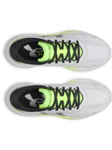 Championes de running Under Armour modelo Velociti Pace, color blanco con detalles en verde neón y negro. Presentan parte superior de malla transpirable, amortiguación reactiva HOVR y suela de goma completa para mayor tracción.