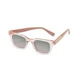 Lentes de sol con armazón de acetato en tono coral traslúcido y cristales degradados en tono grisáceo.