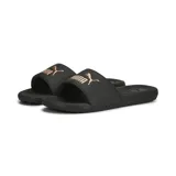 Chinelas Puma Cool Cat 2.0 negras con logo de la marca en color cobre.