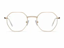 Armazón de receta con diseño geométrico minimalista, fabricado en acero inoxidable color dorado con perfiles finos y patillas esbeltas.