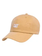 Gorro tipo gorra Cat color amarillo mostaza con efecto desgastado, visera curva y logo bordado en blanco en el frente.