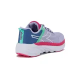 Championes de running Diadora Bresh, color lila con detalles en fucsia, verde y azul, con suela chunky blanca y fucsia.