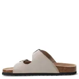 Sandalia estilo 'Birkenstock' de mujer, color oro rosado metalizado con textura de escamas. Posee dos tiras anchas ajustables con hebillas metálicas oscuras y una base de corcho con suela de goma negra.