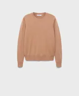 Jersey de cashmere color tostado, de tejido de punto fino, cuello redondo, diseño recto y manga larga con puño acanalado.
