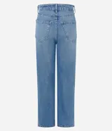 Pantalón de jean azul clásico de corte recto, con tiro alto, presillas para cinto y bolsillos funcionales.