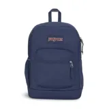 Mochila Jansport azul marino con un compartimento principal, bolsillo frontal con cierre, bolsillo lateral para botella de agua y sobre interno acolchado para laptop de 15 pulgadas.