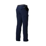 Pantalón de trekking azul marino con cinturón negro, cintura elástica parcial, refuerzo en la entrepierna y protección solar UPF 50.