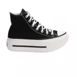 Championes Converse Chuck Taylor All Star Lift Double Stack, de caña alta, color negro con detalles en blanco, plataforma con doble suela y cordones blancos.