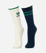 Kit de dos pares de medias deportivas de caña larga. Un par es blanco con el logo "W" de Wilson en verde y el nombre "Wilson" en azul, y el borde superior en verde. El otro par es azul marino con dos rayas verdes en la parte superior y el logo "W" de Wilson en verde en el lateral. Confeccionadas en algodón, poliamida y elastano.