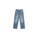 Jeans de mezclilla de corte recto y tiro medio, en color azul claro con efecto deslavado en las rodillas.