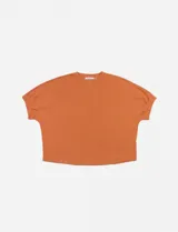 Blusa color ladrillo de corte holgado, cuello redondo y mangas cortas con detalle fruncido.