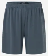 Conjunto de pijama masculino compuesto por una remera de cuello redondo y mangas cortas con estampado de rayas horizontales finas, y una bermuda lisa con cintura elástica.