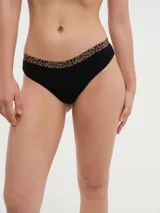 Bombacha de bikini azul marino con cintura de elástico fino con estampado animal print de leopardo.