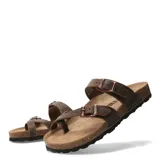 Sandalias de cuero graso color marrón habana, con diseño de dos tiras ajustables con hebillas metálicas y suela anatómica de corcho con base de goma antideslizante.