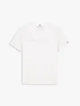Remera Tommy Hilfiger de corte regular, color blanco, con cuello redondo, manga corta y logo gráfico con acabado foil en el pecho.