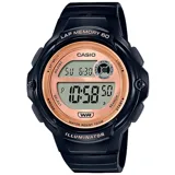 Reloj digital deportivo Casio con caja y correa de resina negra. Presenta un bisel interior color oro rosado y pantalla LCD con detalles en color cobre. Posee funciones de cronómetro con memoria de 60 vueltas (LAP MEMORY 60), alarma, señal horaria y luz iluminadora.