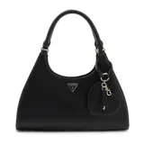 Cartera Guess modelo Isobel de formato hobo, color negro, con estructura rígida y cierre superior. Presenta detalle de logo triangular metálico en el frente y colgante decorativo en forma de corazón con herrajes dorados.