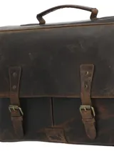 Maletín marrón de cuero para hombre, con solapa frontal, doble correa con hebillas y broches magnéticos, asa superior y correa de hombro ajustable y removible.