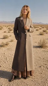 Tapado largo de sastrería con diseño bicolor, presentando un lado en tono marrón oscuro y el otro en tono beige, ambos con estampado de rayas diplomáticas. Posee cuello con solapas, cierre frontal con botones de nácar, bolsillos laterales con tapa y abertura trasera.