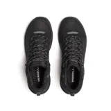 Bota de senderismo Merrell modelo Speed Strike 2 Ltr, color negro, con diseño impermeable y suela de goma de alta tracción. Presenta parte superior de cuero de plena flor y ante, con cuello acolchado y herrajes metálicos.