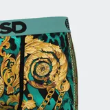 Calzoncillos tipo bóxer PSD con estampado de guepardo en tonos turquesa, negro y dorado. Cintura elástica turquesa con logo de la marca.