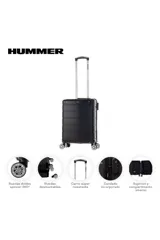 Valija carry on de cubierta rígida color negro, con ruedas dobles spinner 360 desmontables, candado incorporado y compartimiento interno con sistema de sujeción.