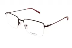 Armazón de anteojos de metal color bordó, con forma rectangular y lentes transparentes.