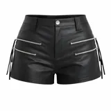Short de cuero sintético negro de tiro alto, con diseño de doble cierre frontal decorativo y tiras laterales.