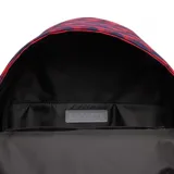 Mochila Lacoste Neocroc de color rojo y azul con estampado geométrico en 3D. Cuenta con un compartimento principal con cierre de doble cursor, un bolsillo frontal con cierre y tiradores de cordón, asa superior de mano y el clásico logo del cocodrilo bordado en la parte inferior.