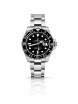 Reloj de pulsera con diseño clásico, caja de acero inoxidable de 40mm y malla de eslabones metálicos. Presenta esfera negra con indicadores luminiscentes y bisel giratorio graduado.