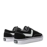 Championes unisex de lona, color negro, con detalles de costura y logo lateral en forma de 'V' en color blanco. Suela de goma blanca gruesa.