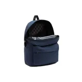 Mochila Vans Old Skool Drop V azul marino con logo blanco. Tiene un compartimento principal amplio, un bolsillo delantero con cierre y panel de organización, y un bolsillo lateral para botella de agua.