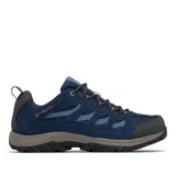 Championes de trekking Columbia modelo Crestwood Waterproof, color azul oscuro con detalles en naranja. Presentan una construcción impermeable con tecnología Omni-Tech, entresuela TechLite para amortiguación y suela Omni-Grip para tracción en diversos terrenos.
