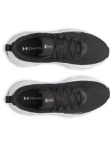 Championes de running Under Armour modelo W Rogue 6, color negro con suela blanca. Presentan parte superior de malla ligera y transpirable con superposiciones de TPU, entresuela Charged+ para mayor absorción de impactos y suela de goma.