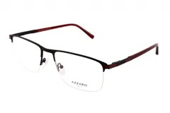 Armazón de anteojos de metal color negro con detalles en rojo en las patillas y el puente. Diseño rectangular con borde inferior al aire y logo de la marca en el lateral.