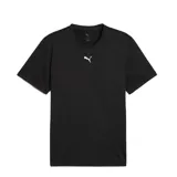 Remera deportiva negra jaspeada de manga corta con logo Puma estampado en el pecho.