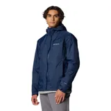 Campera cortaviento Columbia modelo Evapouration II, color azul marino, con capucha integrada, cierre frontal impermeable, ventilación en axilas y puños ajustables.